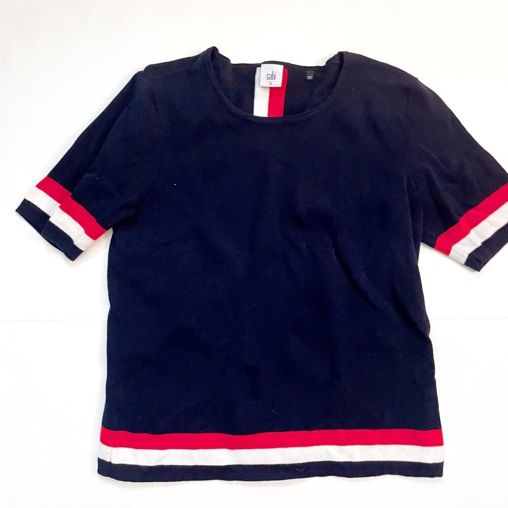 Navy Blue Women's Top with Red and White Accents